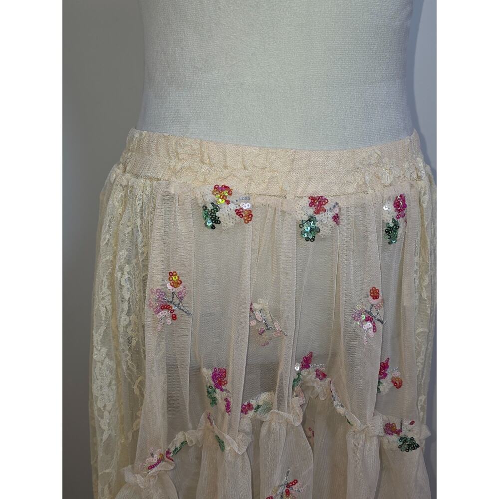 Sheer Skirt Small Cream Lace Embroidery Floral Whimsical Fairy Festival Keilah - Picture 5 of 10